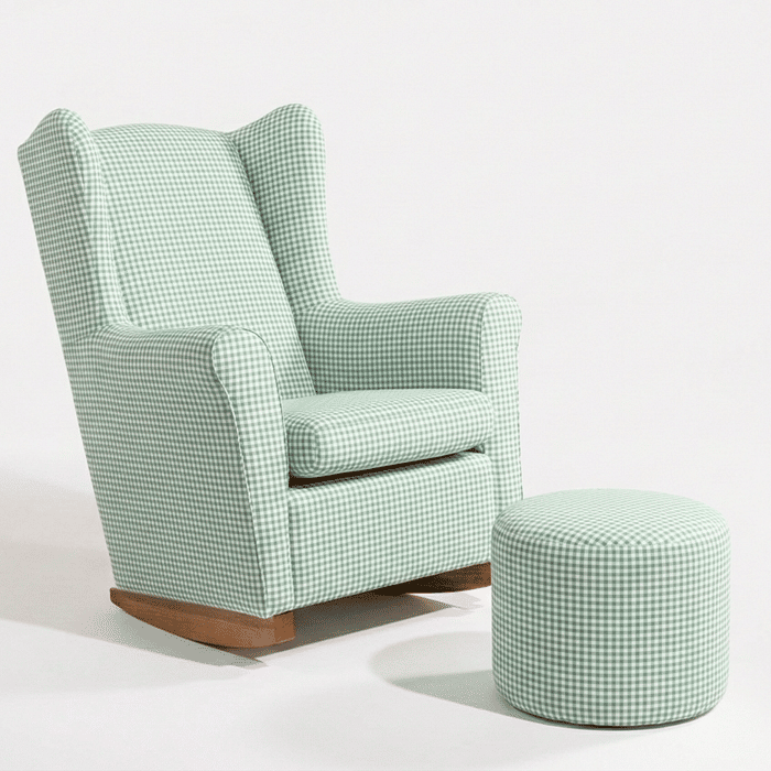 Poltrona de Amamentação Cloud com Balanço e Puff Xadrez Verde