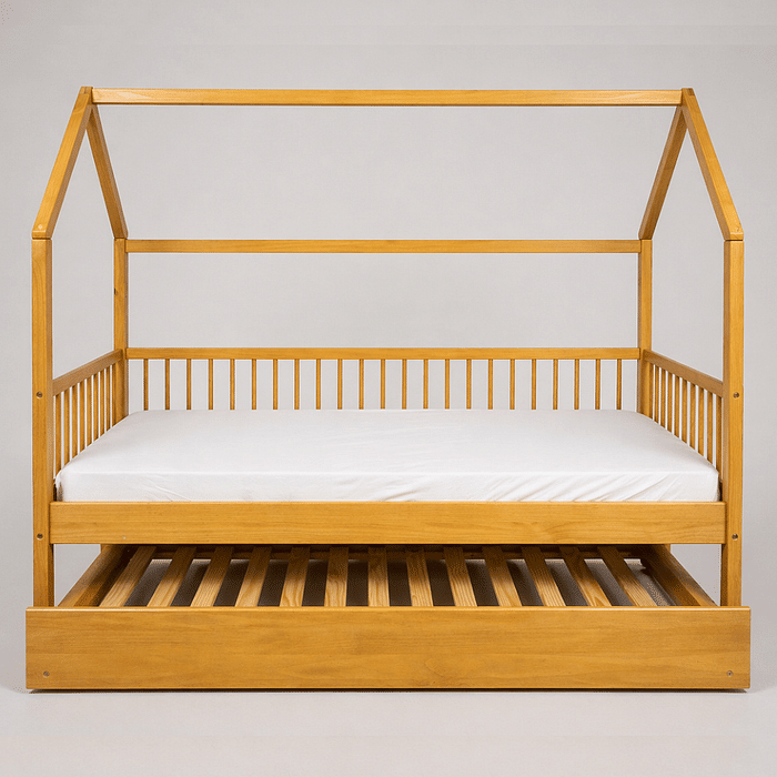Cama Infantil Casinha Com Cama Auxiliar Bloomie em Madeira Maciça Pinus Mel