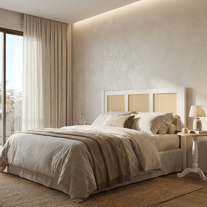 Cabeceira de Cama QUEEN 160cm Paglia Madeira e Rattan na Cor Branca