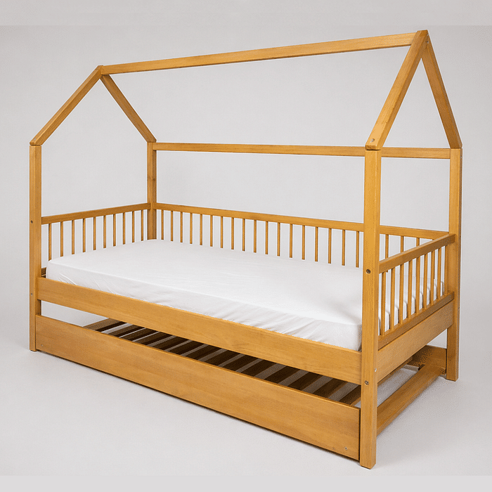 Cama Infantil Casinha Com Cama Auxiliar Bloomie em Madeira Maciça Pinus Mel