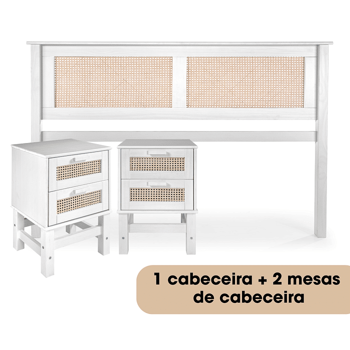 Kit Cabeceira + 2 Mesas de Cabeceira Duas Gavetas de Rattan Nature na Cor Branca