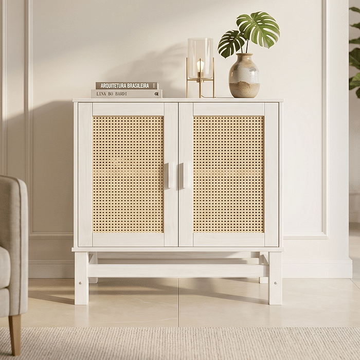 Balcão Buffet Nature em Madeira e Rattan Natural 02 Portas na Cor Branca