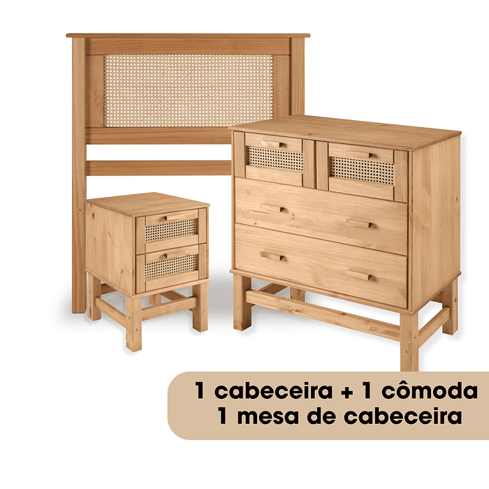 Kit Cabeceira SOLTEIRO + Cômoda + Mesa de Cabeceira 2 Gavetas de Rattan Nature