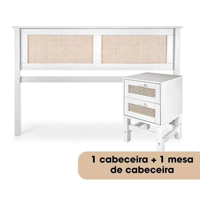 Kit Cabeceira + Mesa de Cabeceira 2 Gavetas de Rattan Nature na Cor Branca