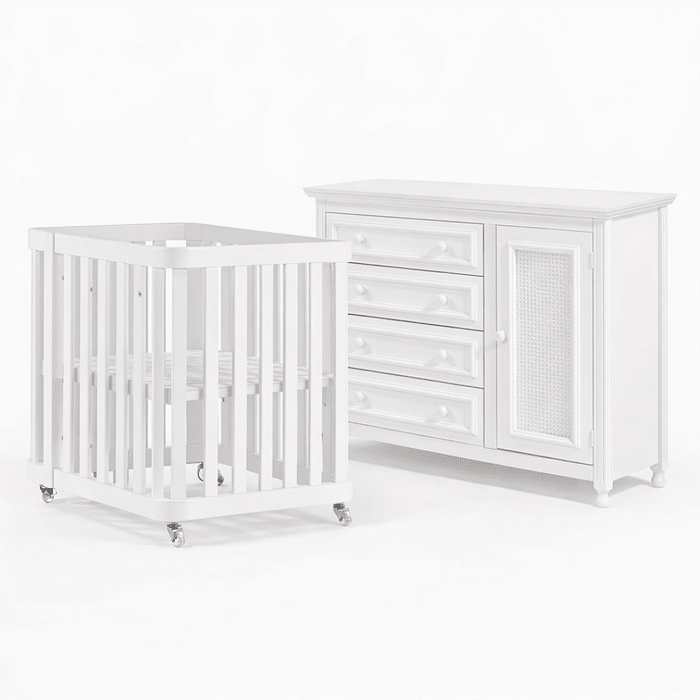 Kit Berço 3 em 1 + Cômoda 4 gavetas e 1 Porta com Rattan Branco | Linha Feliz + 1,2,3