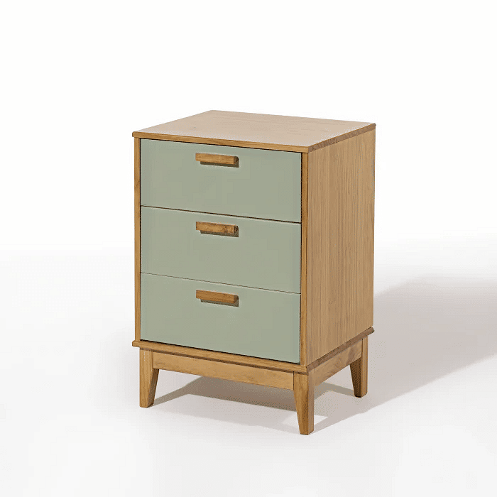 Mesa de Cabeceira Alamo em Madeira Natural + Verde 3 Gavetas Pequeno