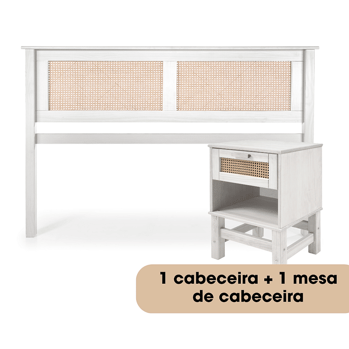 Kit Cabeceira + Mesa de Cabeceira Gaveta e Nicho de Rattan Nature na Cor Branca