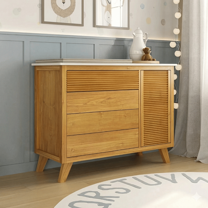 Cômoda Zig 4 Gavetas e 1 Porta de Madeira Maciça Mel com Tampo Branco