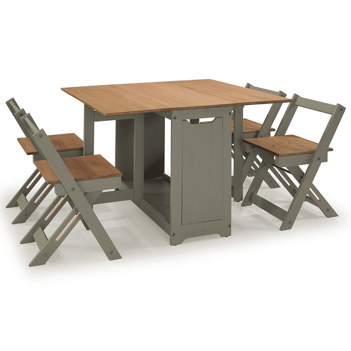 Mesa Dobrável Borboleta com 4 Cadeiras em Madeira Maciça de Pinus Cinza Cera