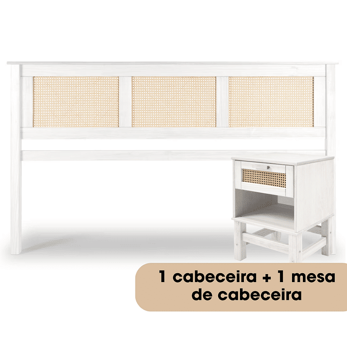 Kit Cabeceira KING + Mesa de Cabeceira Gaveta e Nicho de Rattan Nature na Cor Branca