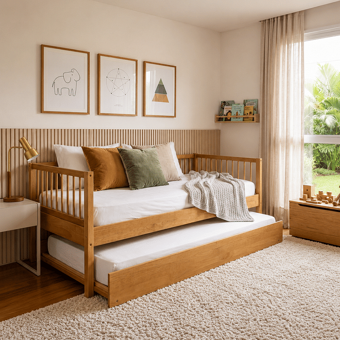 Cama de Solteiro com Cama Auxiliar em Madeira Maciça Pinus Mel