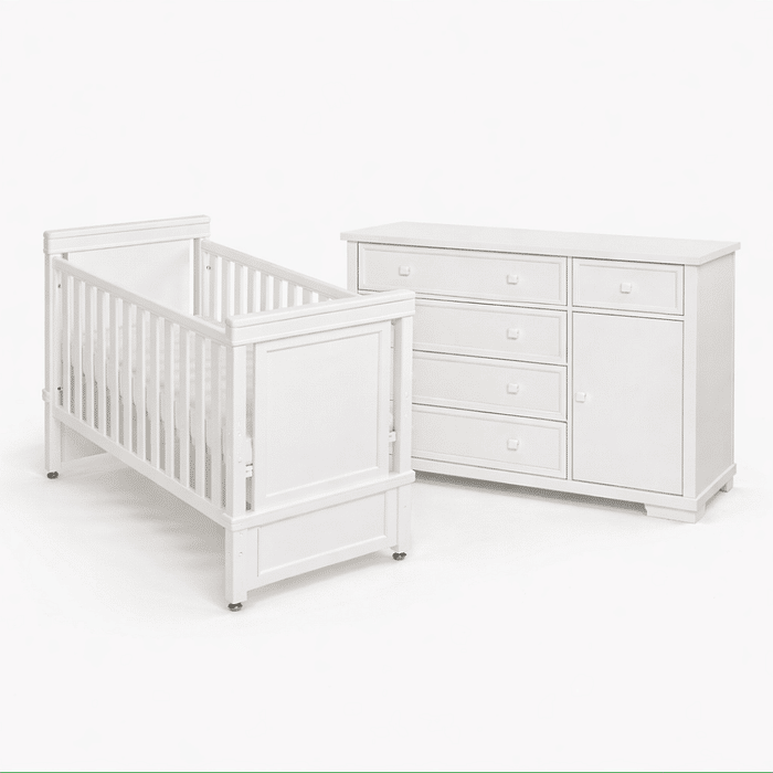 Kit Encanto Berço 2 em 1 e Cômoda 4 Gavetas e 1 Porta em Madeira Maciça Branco