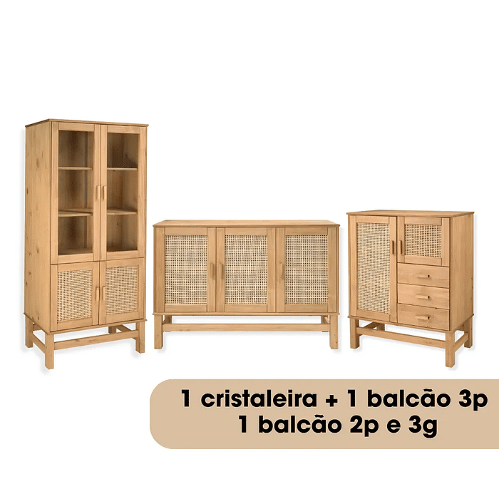 Kit Cristaleira 4p + Balcão 3p + Balcão 2p e 3g de Rattan Nature