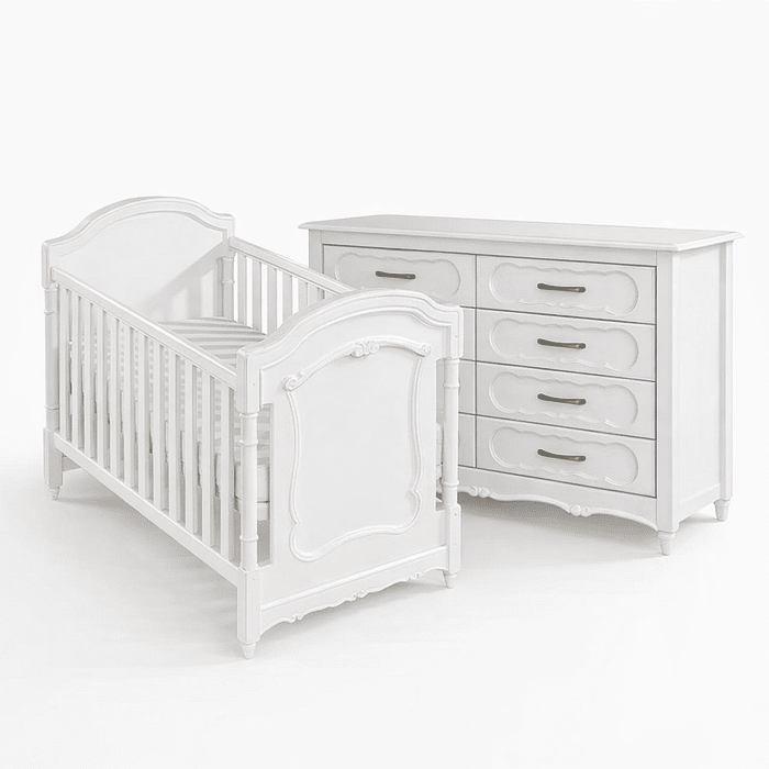 Kit Lilie Berço 2 em 1 e Cômoda 8 Gavetas em Madeira Maciça Branco Fosco