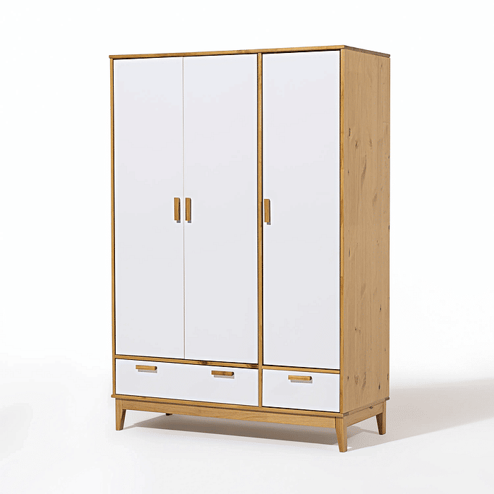 Roupeiro Alamo 3 Portas e 2 Gavetas em Madeira Natural + Branco