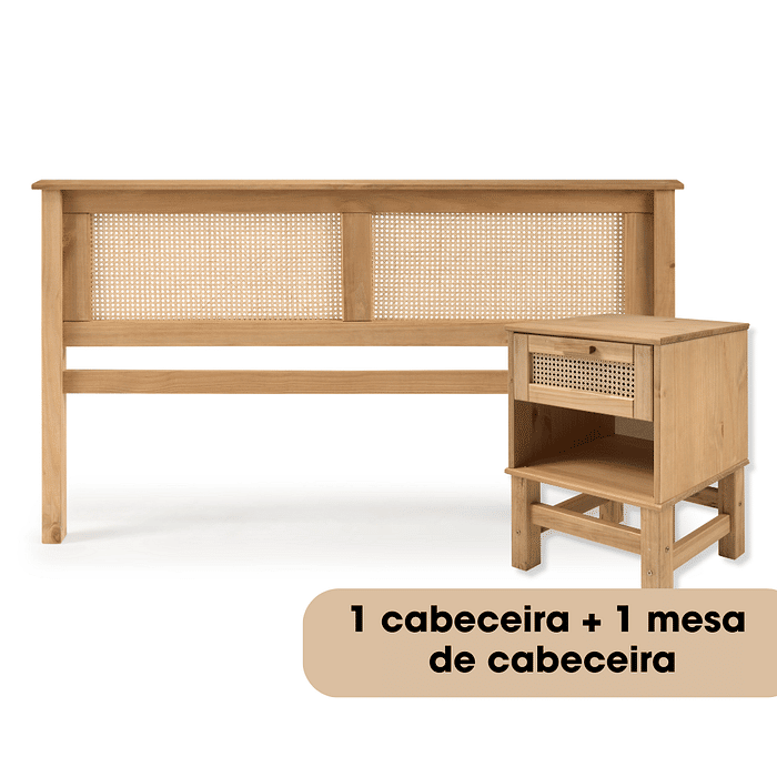 Kit Cabeceira + Mesa de Cabeceira 1 Gaveta de Rattan Nature