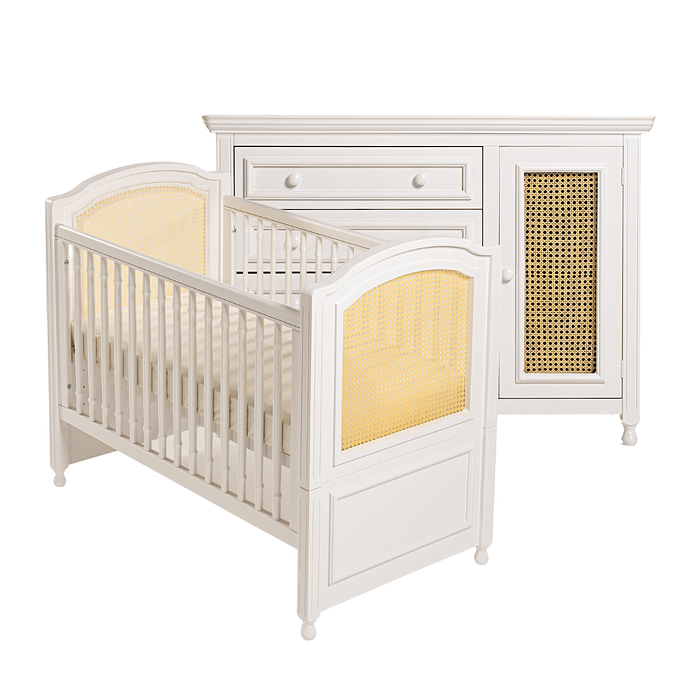 Kit Feliz Berço 2 em 1 e Cômoda 4 Gavetas e 1 Porta com Rattan em Madeira Maciça Branco com Mel