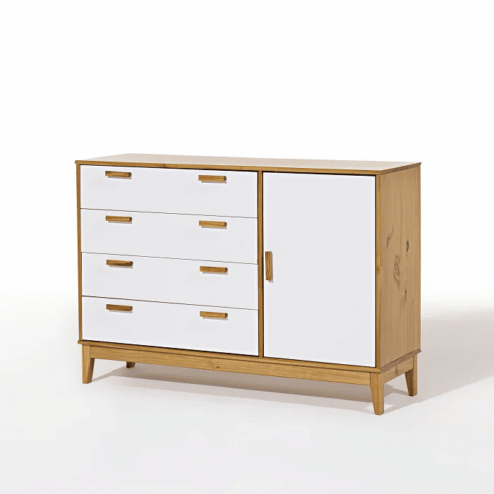 Cômoda Alamo 4 Gavetas e 1 Porta em Madeira Natural + Branco