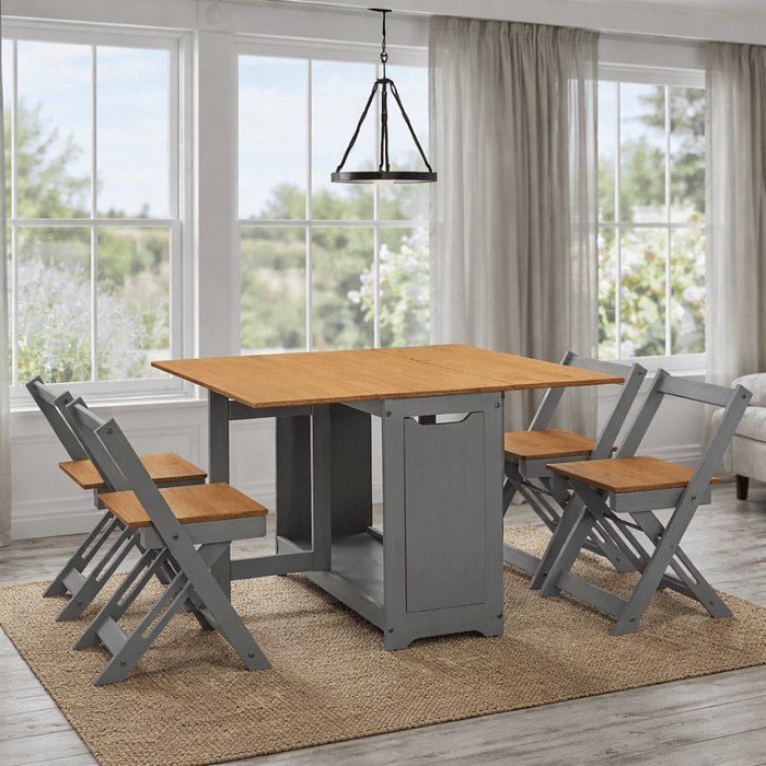 Mesa Dobrável Borboleta com 4 Cadeiras em Madeira Maciça de Pinus Cinza Cera