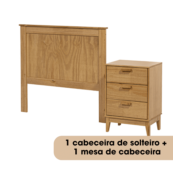 Kit Cabeceira de Solteiro 110 cm + Mesa de Cabeceira 3 Gavetas Natural Alamo