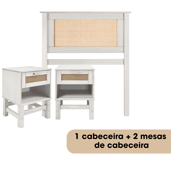 Kit Cabeceira SOLTEIRO + 2 Mesas de Cabeceira Gaveta e Nicho de Rattan Nature