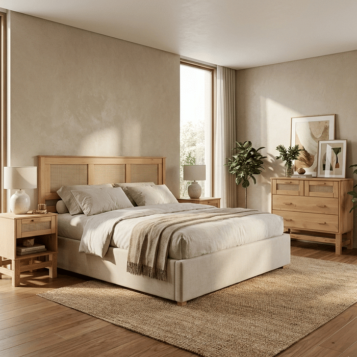 Kit Cabeceira KING + Cômoda + Mesa de Cabeceira 1 Gaveta de Rattan Nature