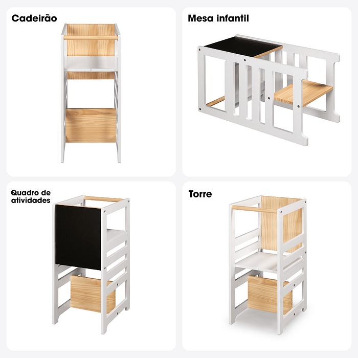 Torre de Aprendizagem Montessori 4 em 1 Branca Cadeirão Ajustável, Mesinha de Atividades, Quadro de Desenhos