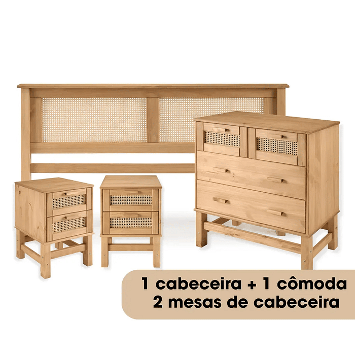 Kit Cabeceira + Cômoda + 2 Mesas de Cabeceira Duas Gaveta de Rattan Nature