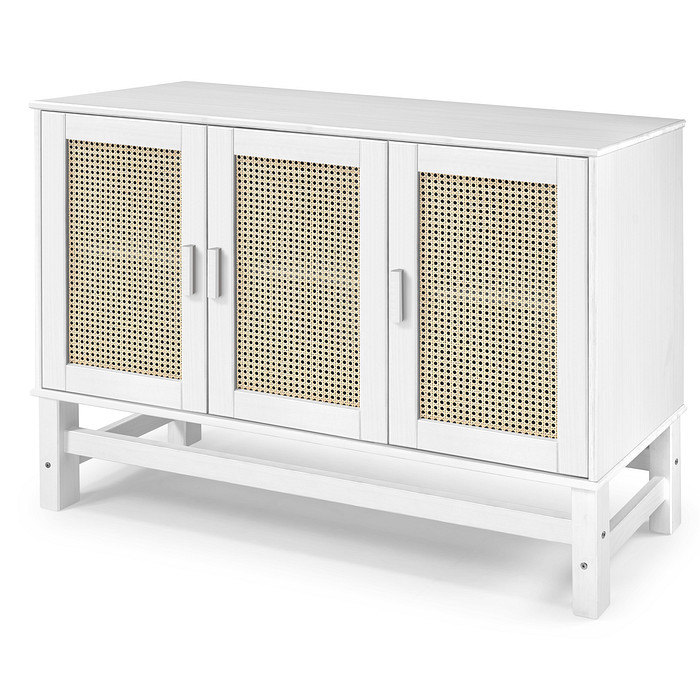 Balcão Buffet Nature em Madeira e Rattan Natural 03 Portas na Cor Branca