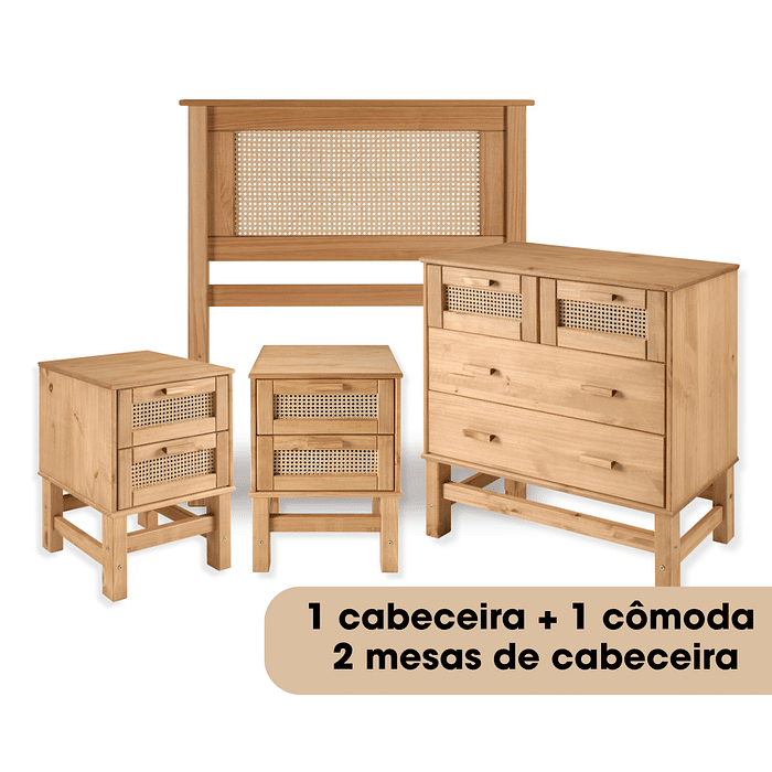Kit Cabeceira SOLTEIRO + Cômoda + 2 Mesas de Cabeceira 2 Gavetas de Rattan Nature