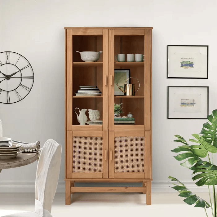 Cristaleira Nature em Madeira, Vidro e Rattan 04 Portas