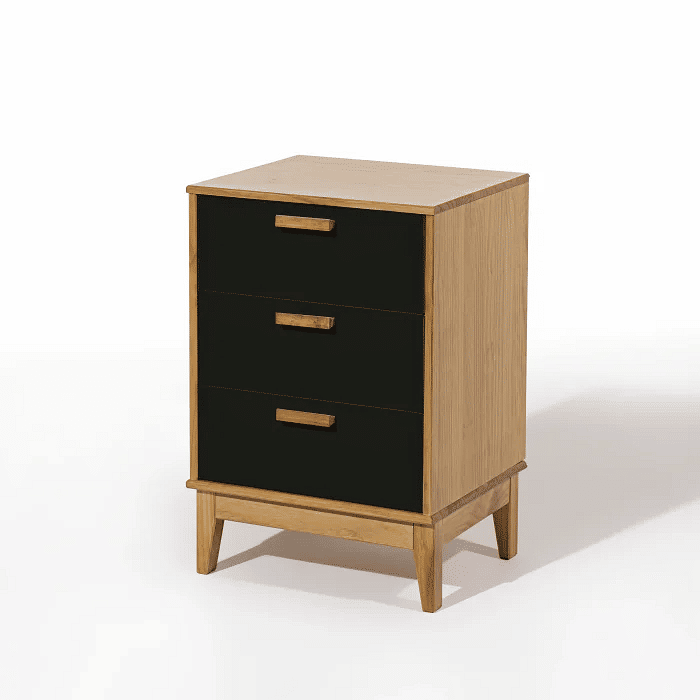 Mesa de Cabeceira Alamo em Madeira Natural + Preto 3 Gavetas Pequeno