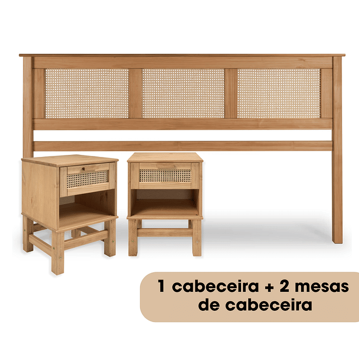 Kit Cabeceira KING + 2 Mesas de Cabeceira 1 Gaveta de Rattan Nature