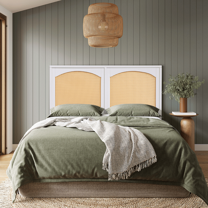 Cabeceira de Cama CASAL 146cm Arcs Madeira e Rattan na Cor Branca