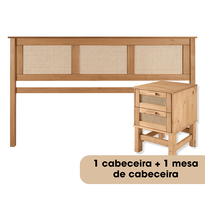 Kit Cabeceira KING + Mesa de Cabeceira 2 Gavetas de Rattan Nature
