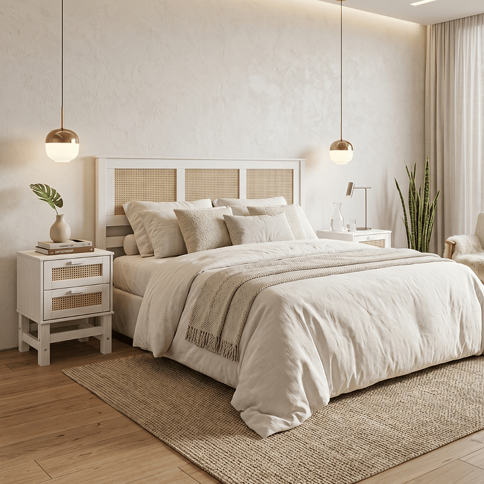 Kit Cabeceira KING + 2 Mesas de Cabeceira 2 Gavetas de Rattan Nature na Cor Branca