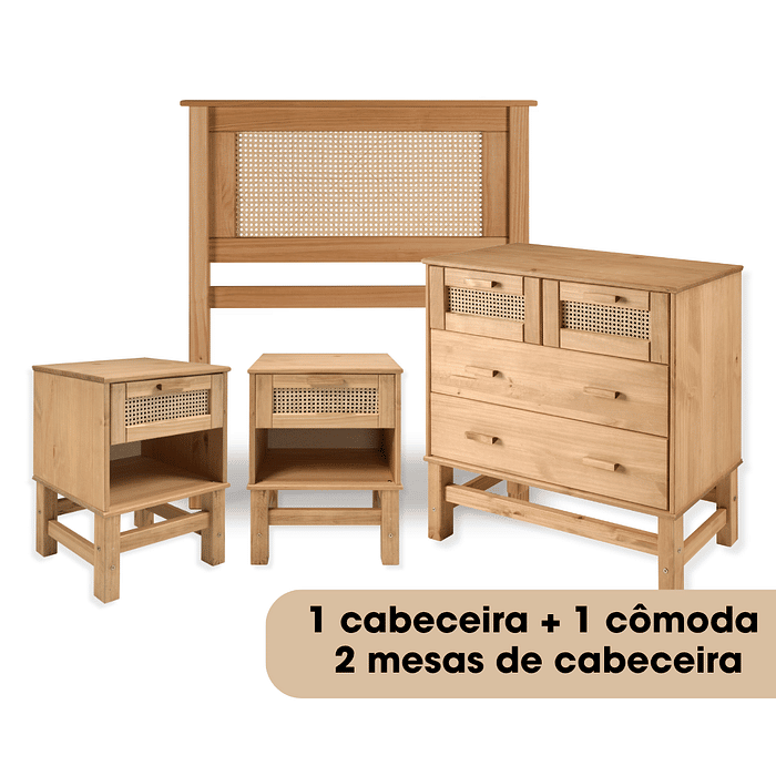 Kit Cabeceira SOLTEIRO + Cômoda + 2 Mesas de Cabeceira 1 Gaveta de Rattan Nature