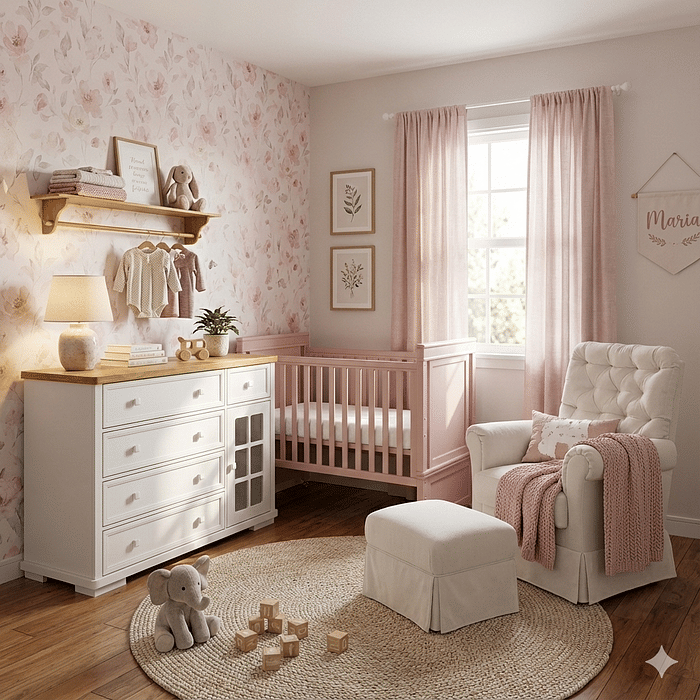 Berço Americano Encanto 2 em 1 de Rodinhas na Cor Rosa Soft