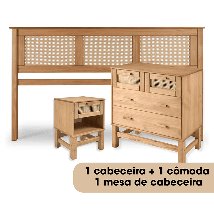 Kit Cabeceira KING + Cômoda + Mesa de Cabeceira 1 Gaveta de Rattan Nature