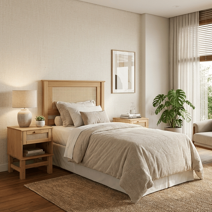 Kit Cabeceira SOLTEIRO + 2 Mesas de Cabeceira 1 Gaveta de Rattan Nature