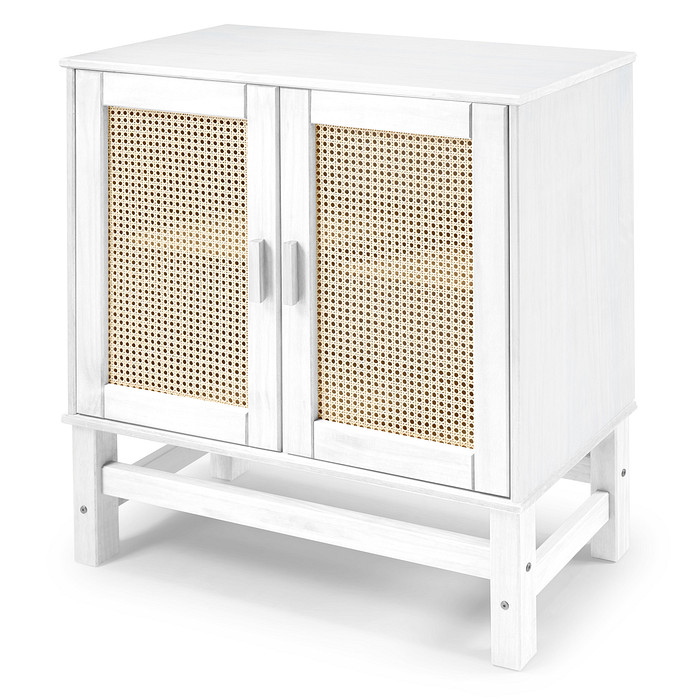 Balcão Buffet Nature em Madeira e Rattan Natural 02 Portas na Cor Branca