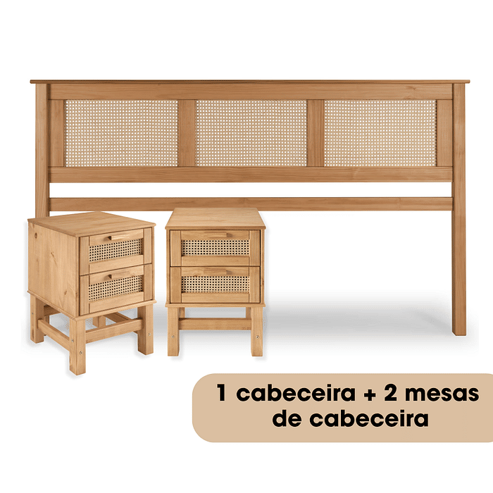 Kit Cabeceira KING + 2 Mesas de Cabeceira 2 Gavetas de Rattan Nature