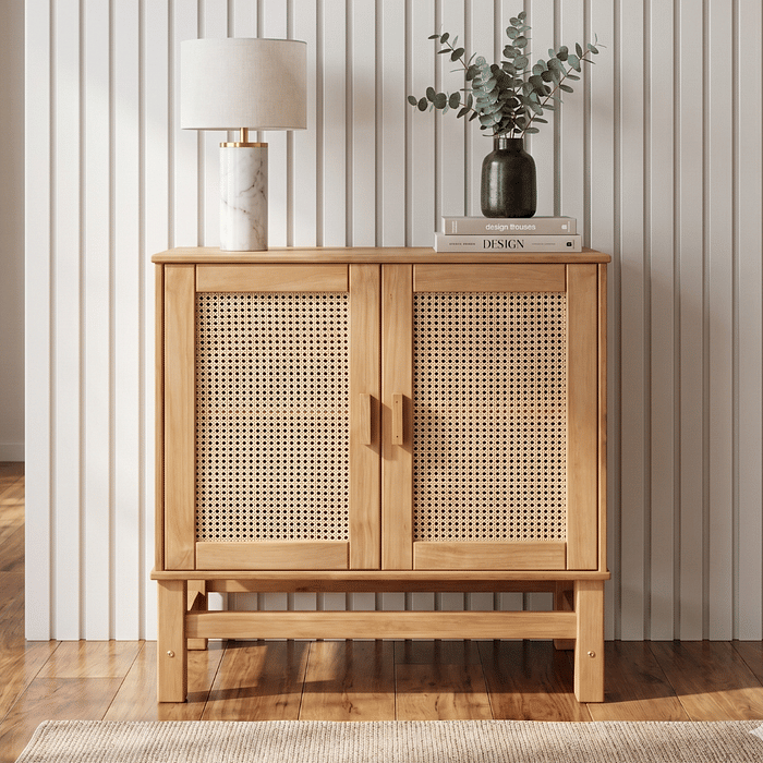 Balcão Buffet Nature em Madeira e Rattan Natural 02 Portas