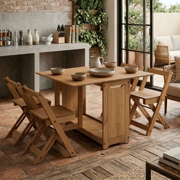Mesa Dobrável Borboleta com 4 Cadeiras em Madeira Maciça de Pinus Cera