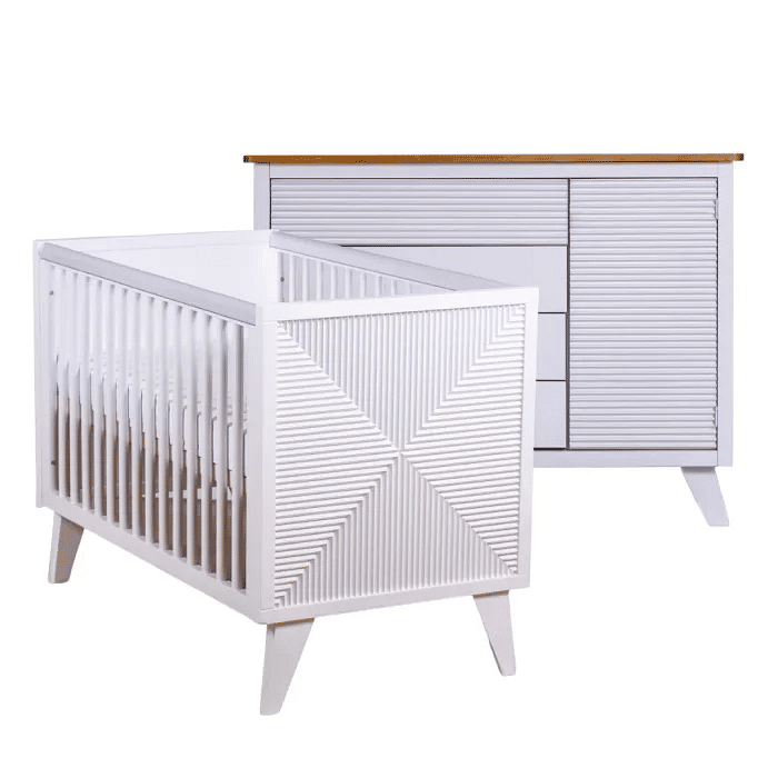 Kit Zig Berço 2 em 1 e Cômoda 4 Gavetas e 1 Porta em Madeira Maciça Branco