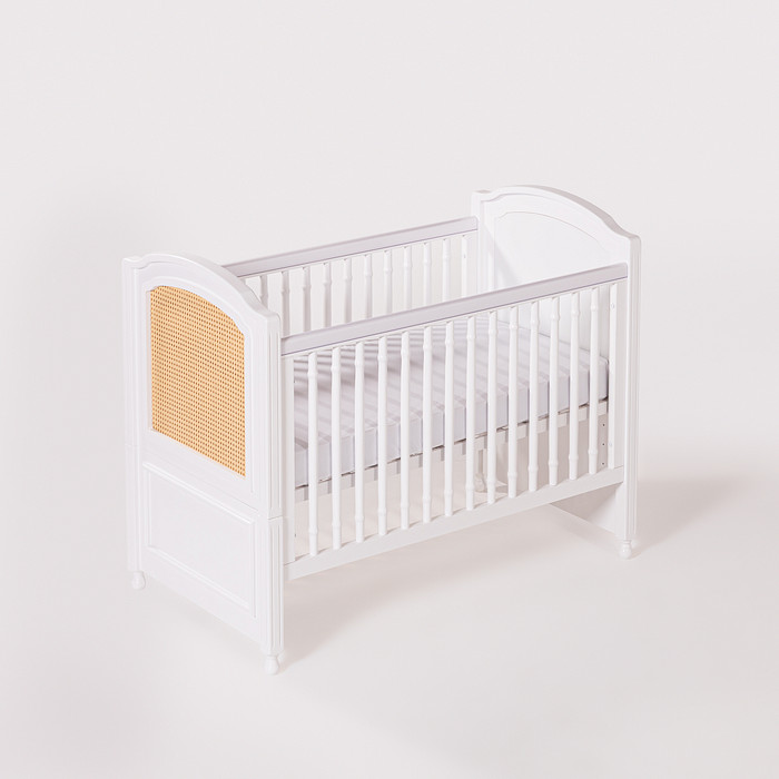 Kit Feliz Berço 2 em 1 e Cômoda 4 Gavetas e 1 Porta com Rattan em Madeira Maciça Branco com Mel