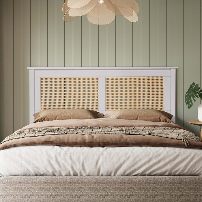 Cabeceira de Cama CASAL 144cm Nature Madeira e Rattan na Cor Branca
