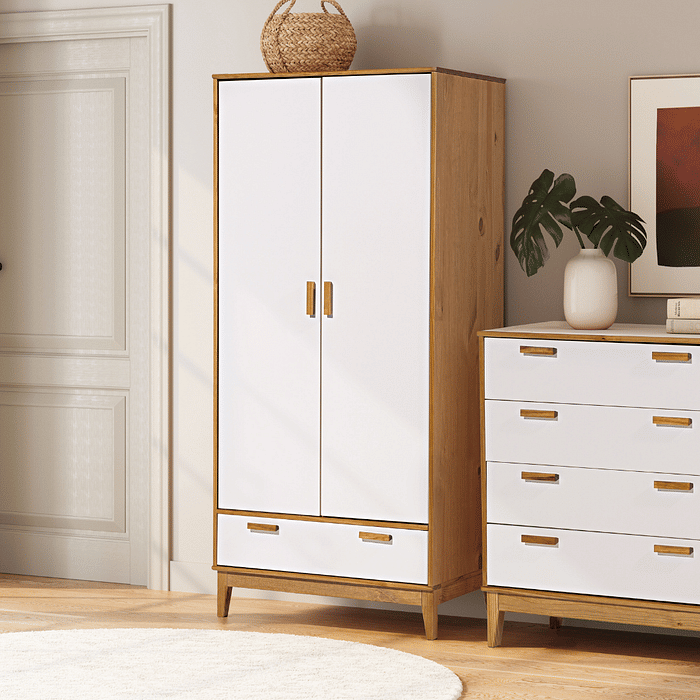 Roupeiro Alamo 2 Portas e 1 Gaveta em Madeira Natural + Branco
