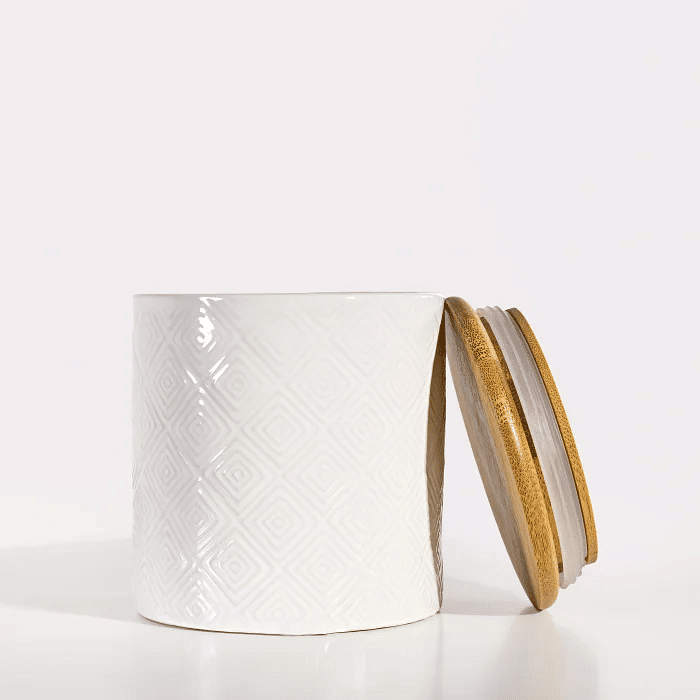 Pote Porta Algodão Cotonete Organizador Objetos Cerâmica com colchão Tampa de Bambu Kit Higiene Bebê