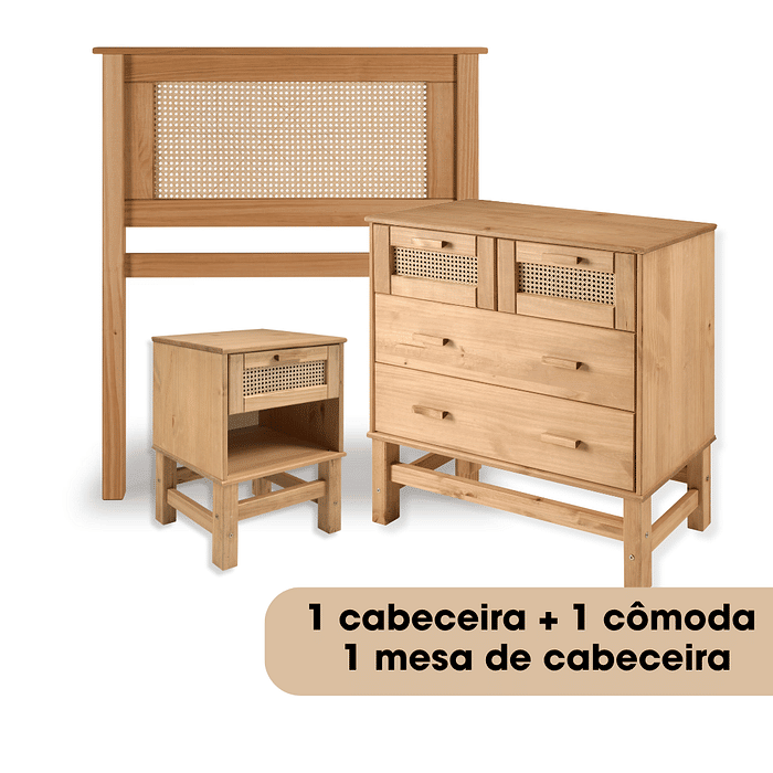 Kit Cabeceira SOLTEIRO + Cômoda + Mesa de Cabeceira 1 Gaveta de Rattan Nature